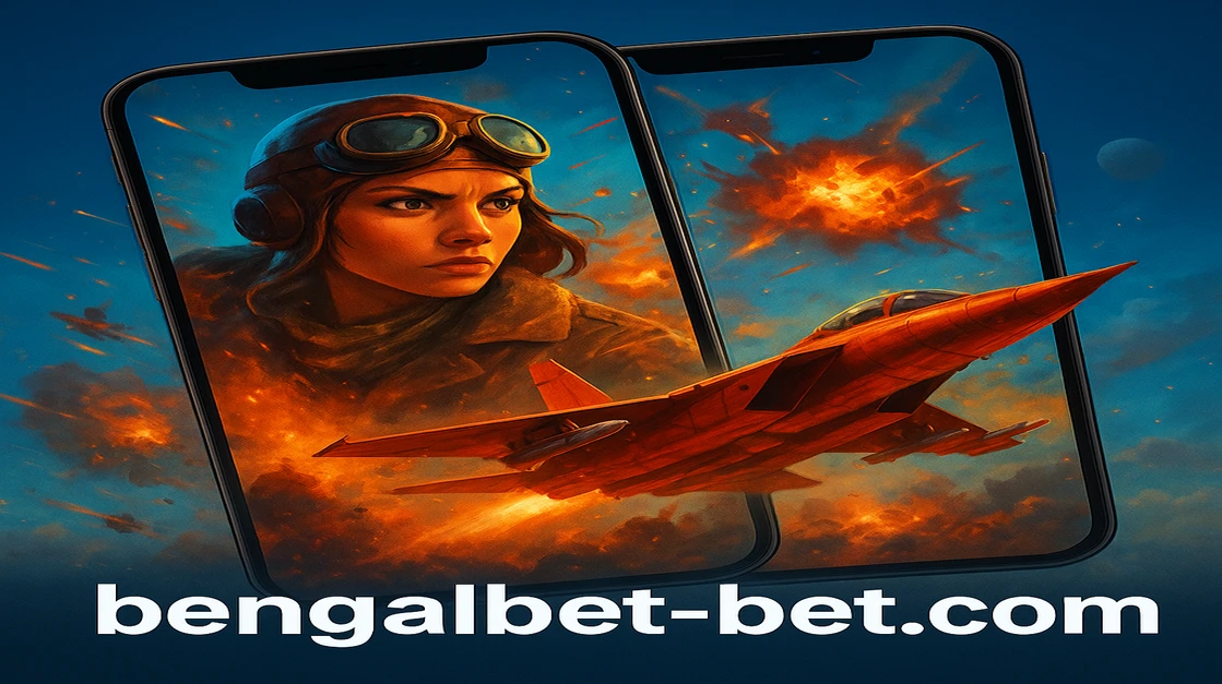 গগলসসহ নারী পাইলট লাল বিমান মহাকাশ ও অগ্নির মাঝে উড়ছে, উপরে bengalbet-এ প্রদর্শিত খেলার শিরোনামটি দৃশ্যমান।
