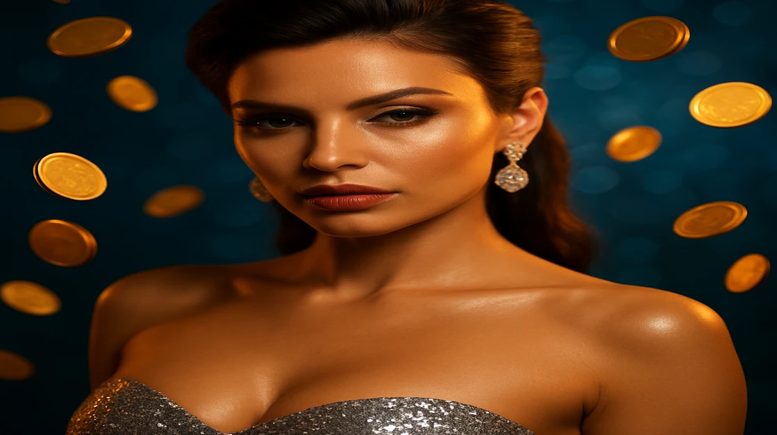 আলোকময় পোশাক পরা এক নারী, ভাসমান সোনালি কয়েন ও জ্বলন্ত bengalbet গেমিং প্ল্যাটফর্ম-থিমযুক্ত পটভূমি।