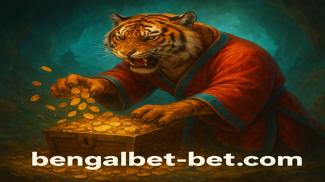 bengalbet-স্টাইলাইজড একটি বাঘ লাল পোশাক পরা, সোনার কয়েন ধরছে; পেছনে এশীয় মন্দির এবং চারদিকে স্বর্ণালি আলো ছড়িয়ে আছে।