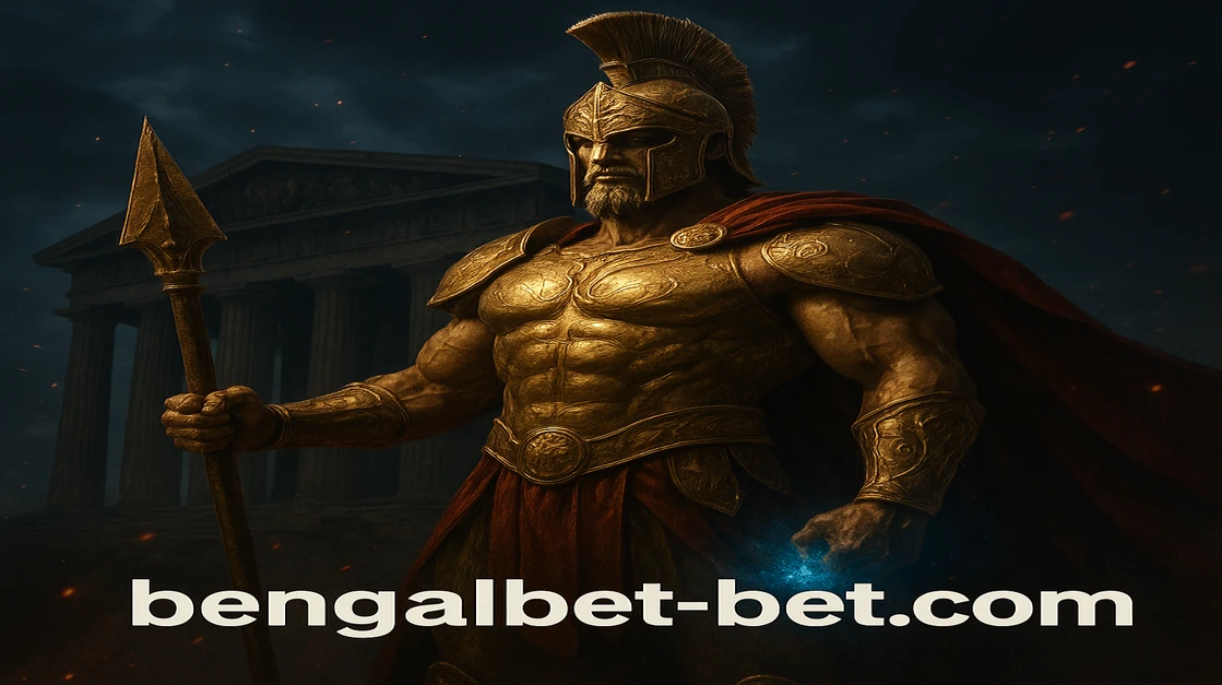 bengalbet-ডিজাইনের মতো এক পেশিবহুল গ্রিক দেবতা, সোনার বর্মে ও লাল কেপে, রাতে জ্বলন্ত অলিম্পাস মন্দিরের সামনে দাঁড়িয়ে।