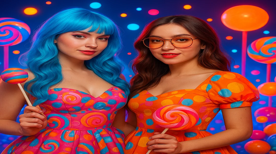 bengalbet-এর নকশা অনুযায়ী দুইটি কার্টুন মেয়ে ললিপপ ও রঙিন ক্যান্ডি চারদিকে উড়ে বেড়ায়, নিচে সুইট বোনাঞ্জা লেখা।